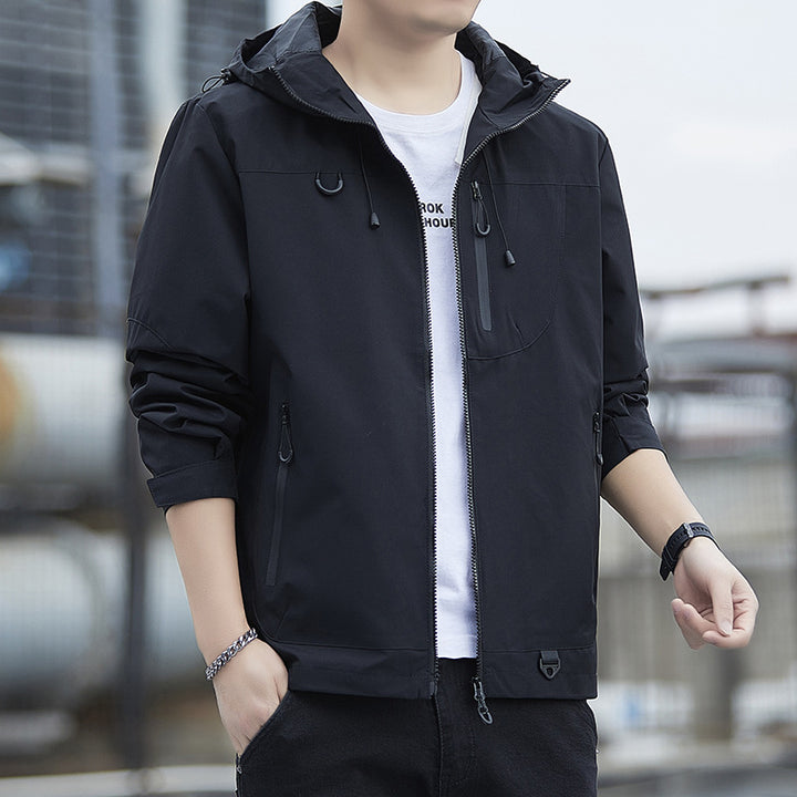 Herren leichte Urban-Softshell-Kapuzenjacke mit kontrastierenden Reißverschlüssen, Brusttasche und verstellbarem Kordelzugsaum Drune