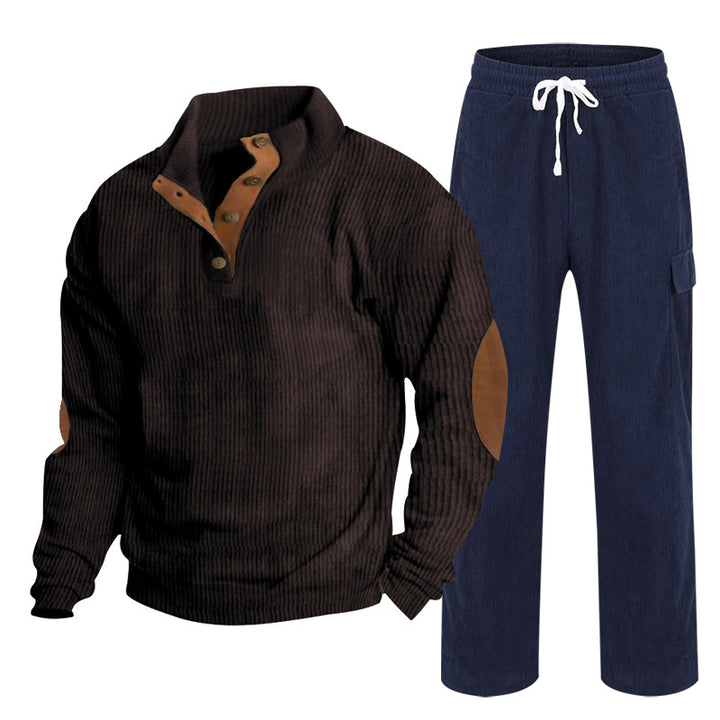 Herren Gemütliches Freizeit-Set aus Waffelstrick-Henley mit Ellenbogenpatch und Relax-Cargo-Hose Drune