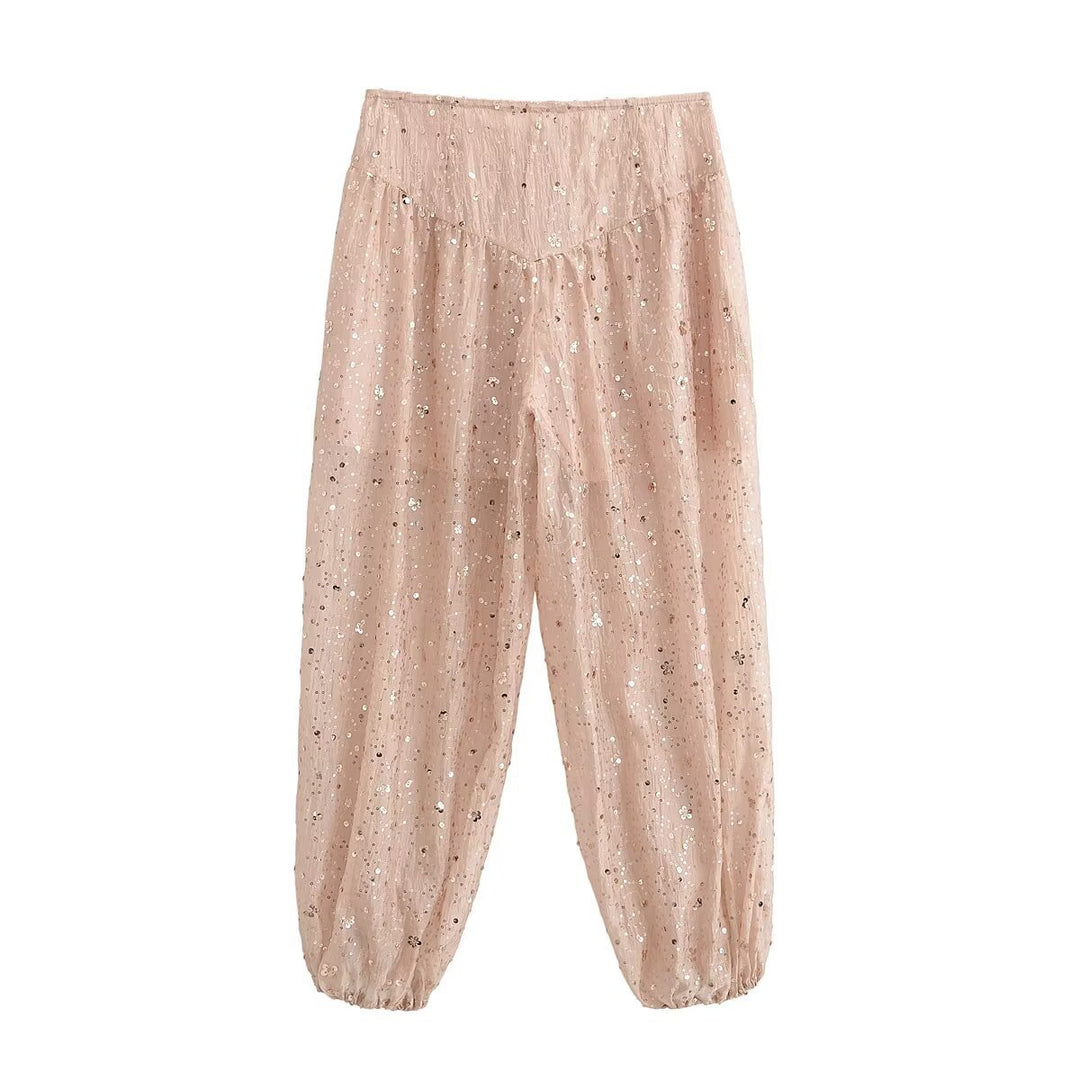 Damen locker geschnittene Pailletten-Hose mit Tunnelzug und Gummibündchen Drune
