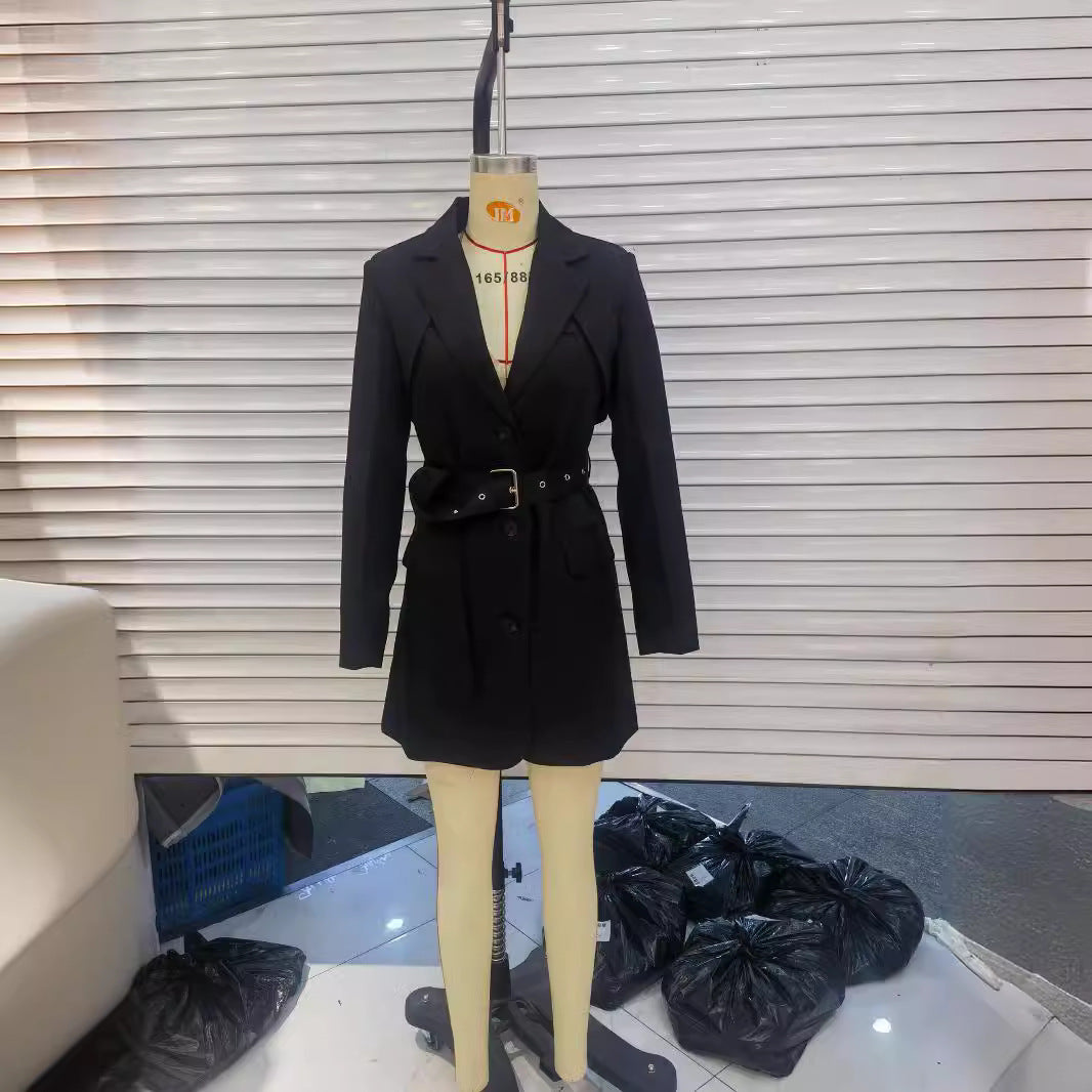 Damen nan taillierter Gürtel-Blazer mit asymmetrischem Schalkragen und Pattentaschen Drune