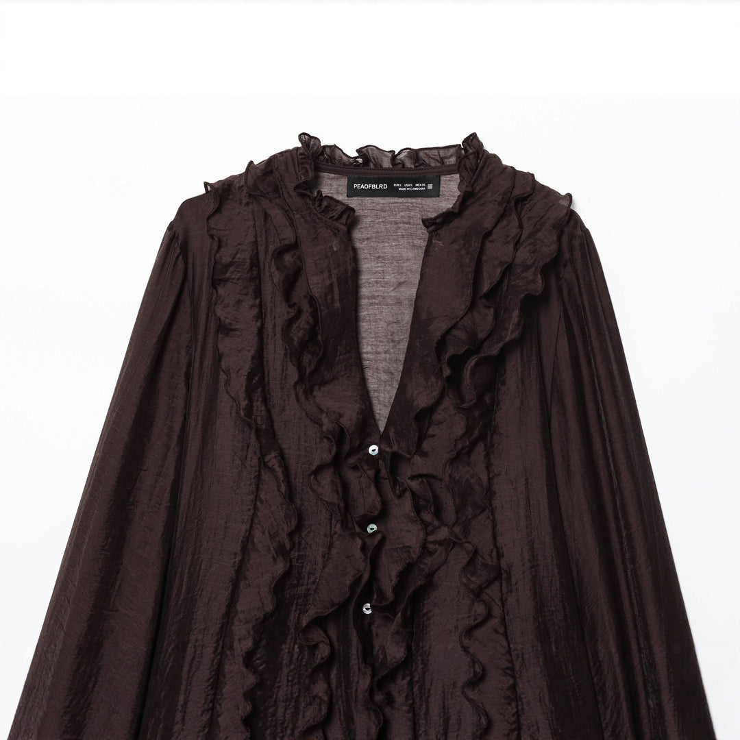 Damen nan zarte Volantbluse aus Crinkle-Chiffon mit Stehkragen und Ballonärmeln Drune