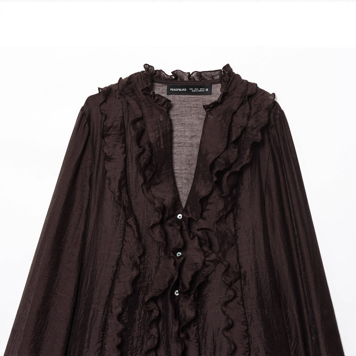 Damen nan zarte Volantbluse aus Crinkle-Chiffon mit Stehkragen und Ballonärmeln Drune