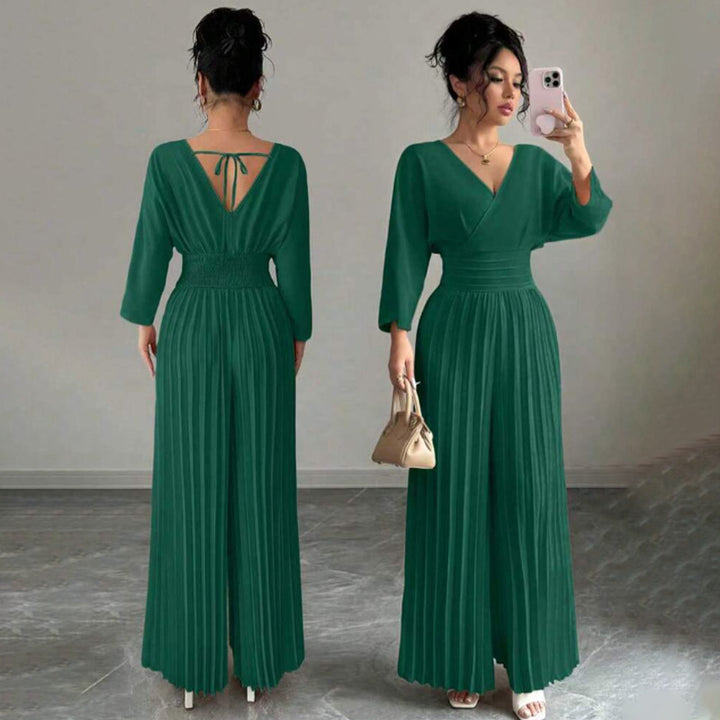 Damen Eleganter Plissee-Jumpsuit mit V-Ausschnitt Drune