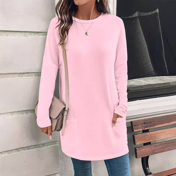 Weit geschnittene lange Tunika für Damen mit rundem Ausschnitt, seitlichen Taschen und weichem Jersey Drune