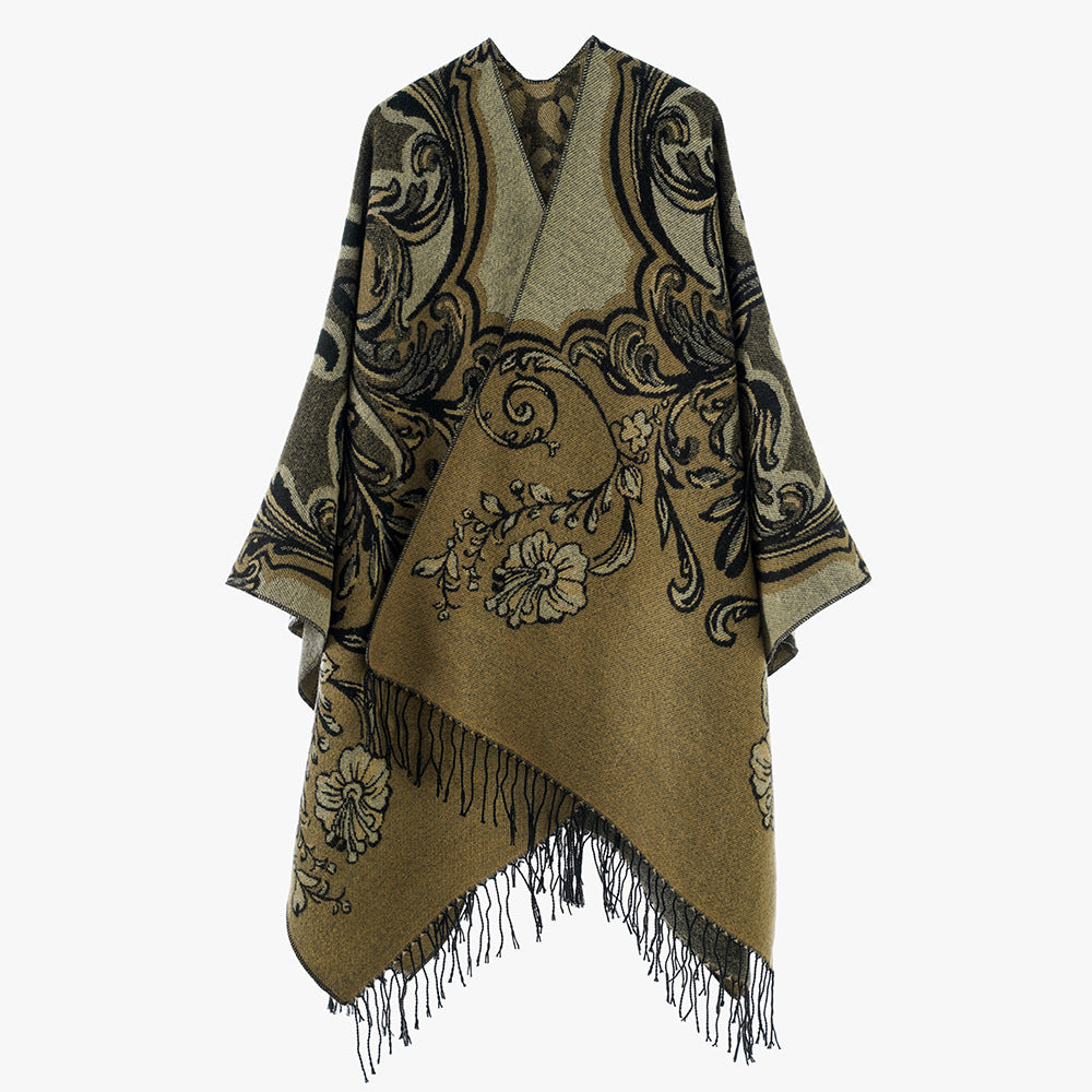 Damen Jacquard‑Poncho‑Überwurf im Barockmuster mit Fransen Drune