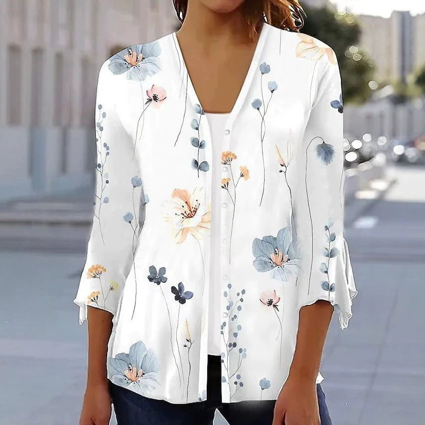 Damen nan leichte Chiffonbluse mit Aquarellblumenprint, V‑Ausschnitt, Knopfleiste und dreiviertelärmeln Drune