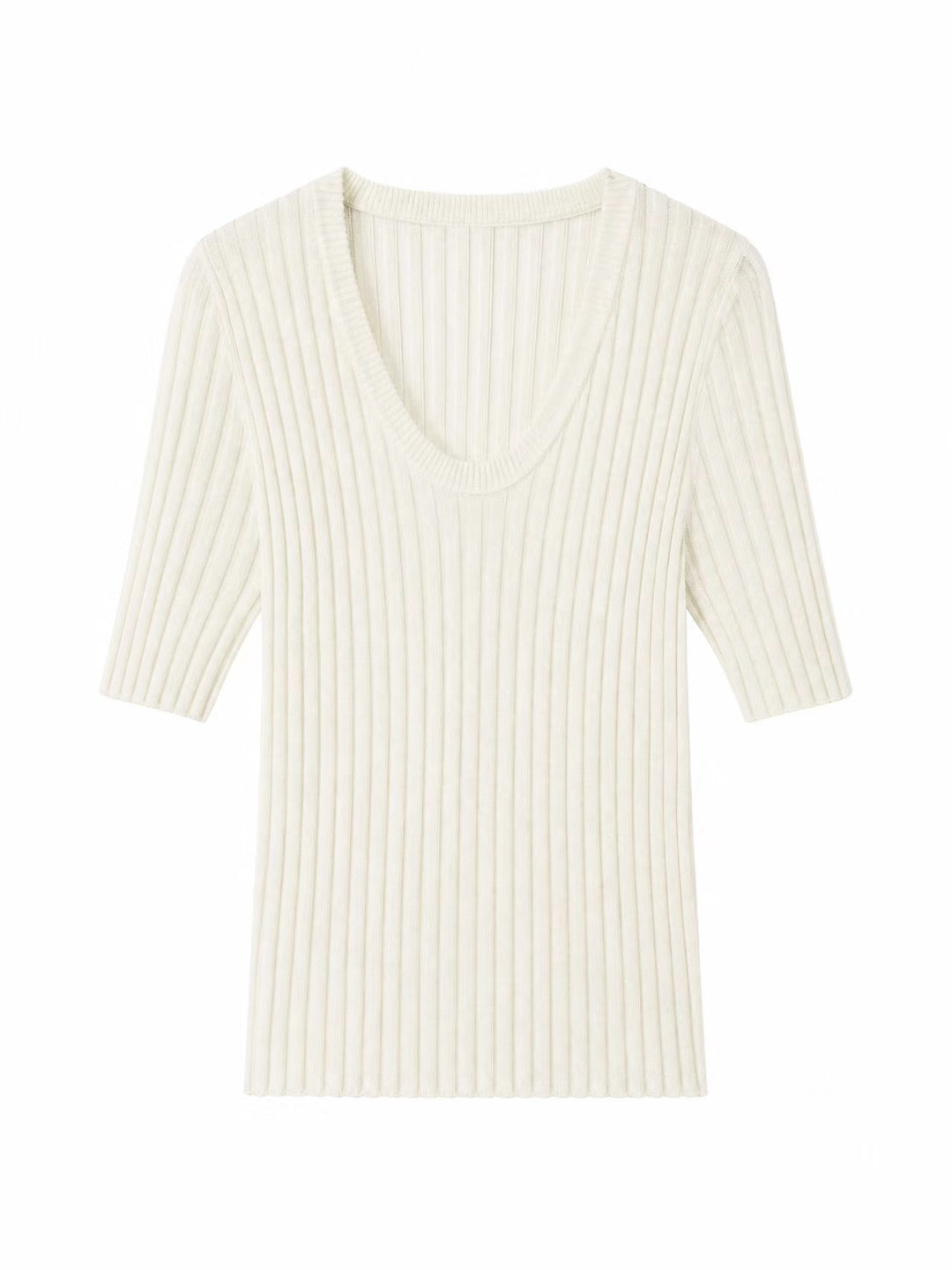 Damen Geripptes Feinstrickshirt mit tiefem U-Ausschnitt und halblangen Ärmeln Drune