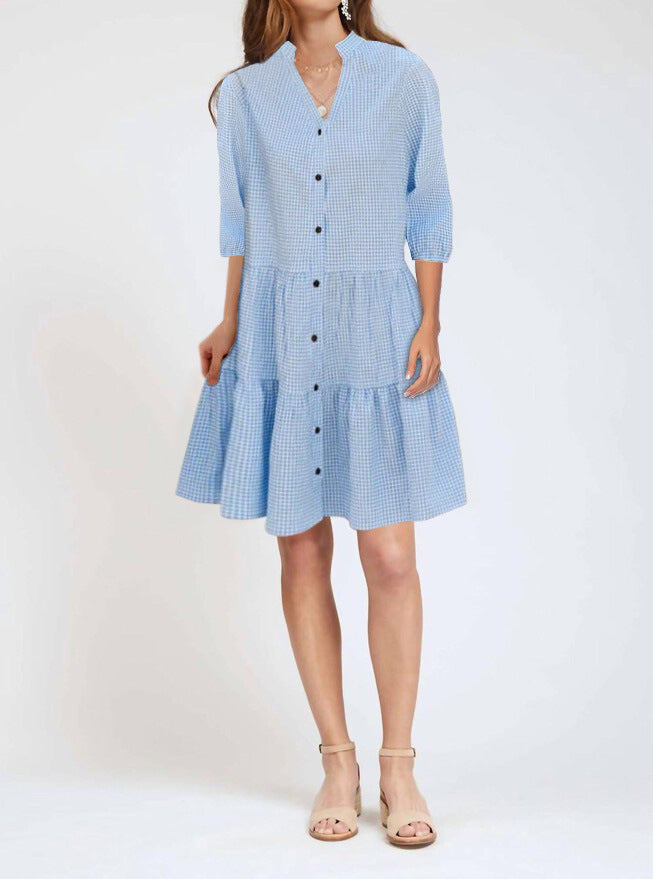 Damen Locker Gestuftes Hemdkleid mit Stehkragen und Voller Knopfleiste Drune