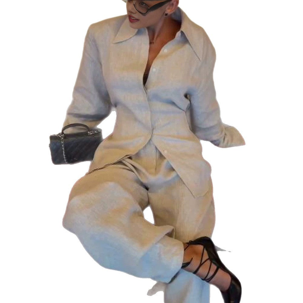 Damen Lockeres Leinen-Zweiteiler mit kastigem Hemdblazer und weiter Palazzo‑Hose Drune