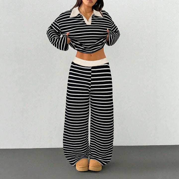 Damen Gestreiftes Strick-Set aus Polokrippenpullover und weiten Palazzo-Strickhose Drune