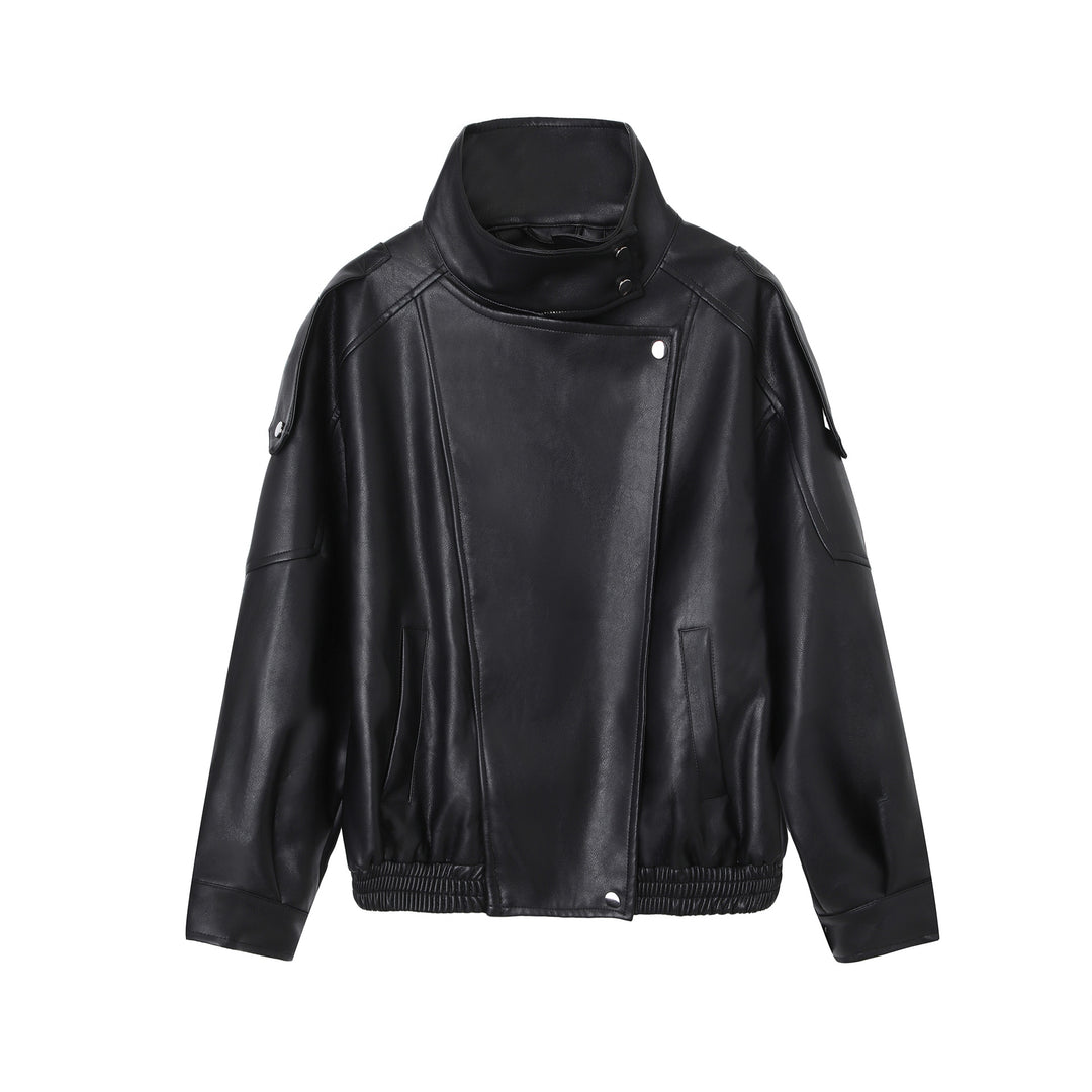 Damen Modische Lederjacke mit Stehkragen Drune