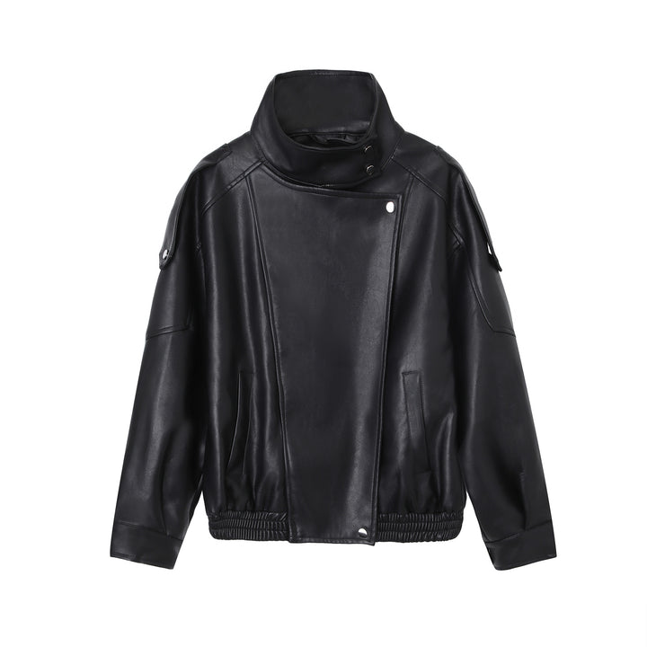 Damen Modische Lederjacke mit Stehkragen Drune