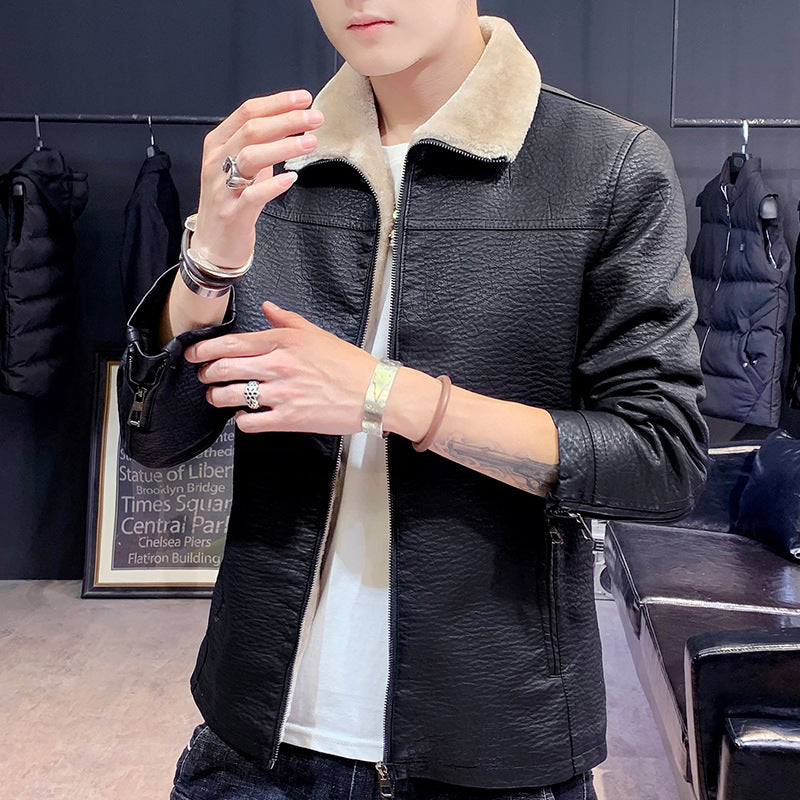 Herren schmal geschnittenes Kunstleder Blouson mit strukturiertem Finish und Teddykragen Drune