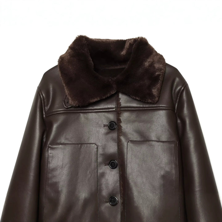 Damen Kurzjacke aus Lederoptik mit Teddy-Futter, aufgesetzten Taschen und Umlegekragen Drune