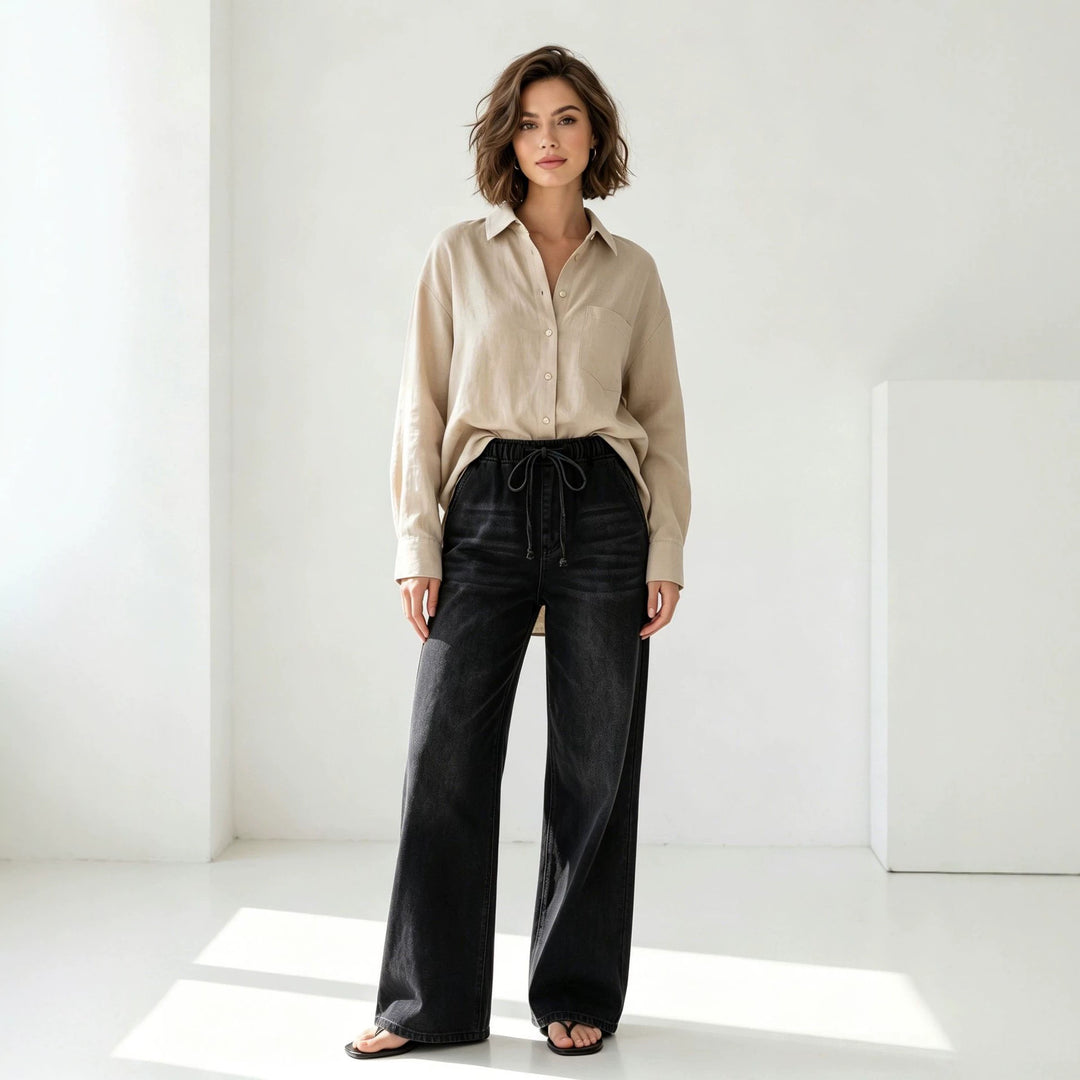 Damen nan Relaxed-Fit Denim-Hose mit elastischem Tunnelzugbund, dezentem Used-Effekt und weitem Bein Drune
