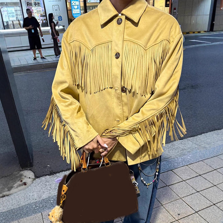 Damen Oversize Fransenjacke im Westernstil aus Veloursleder-Optik mit Hemdkragen Drune