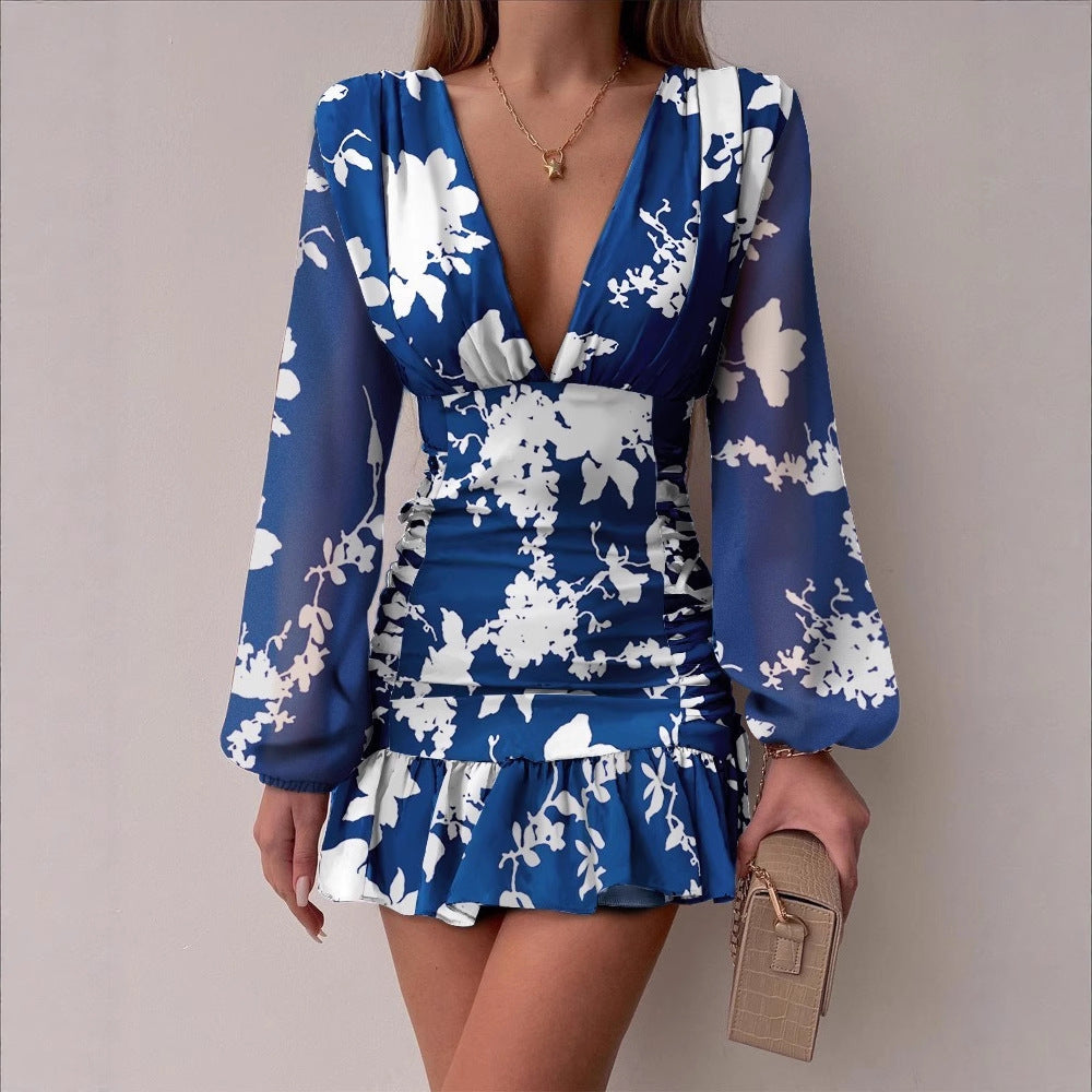 Damen Cocktailkleid mit tiefem V-Ausschnitt und funkelnden Puffärmeln Drune