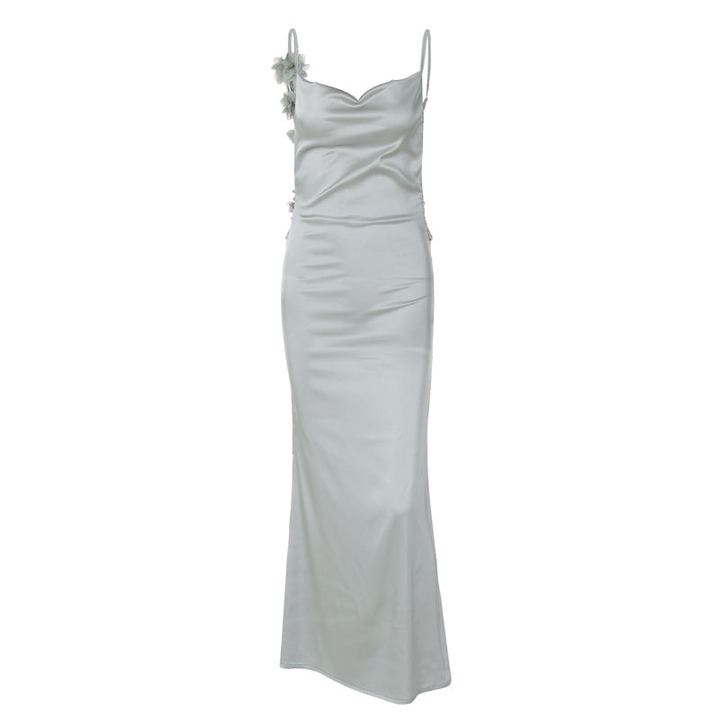 Damen Satin Maxikleid mit zarten Trägern und eleganter Drapierung Drune