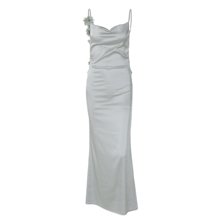 Damen Satin Maxikleid mit zarten Trägern und eleganter Drapierung Drune