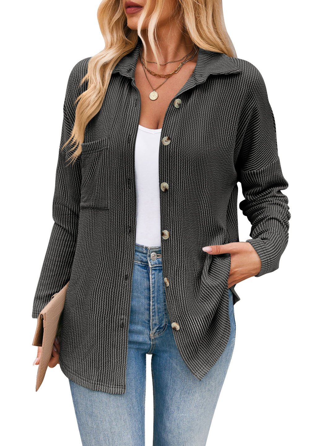 Damen lässige Strickjacke mit Knopfleiste Drune
