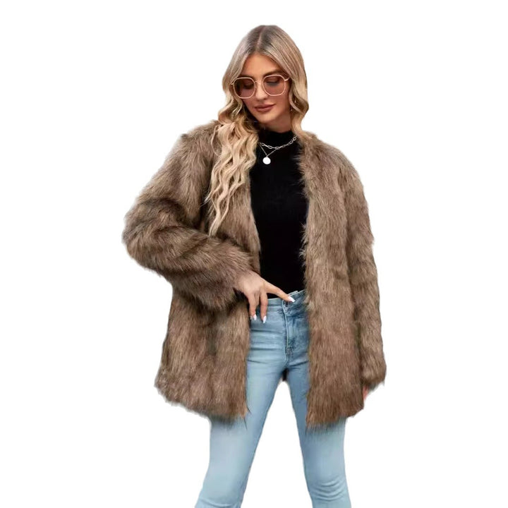 Damen Luxe Kunstfelljacke mit offenem Kragen Drune