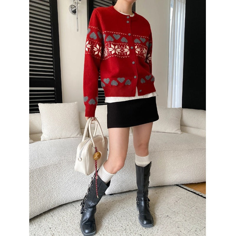 Damen gestrickte Jacke mit Herzmustern und Knopfverschluss Drune