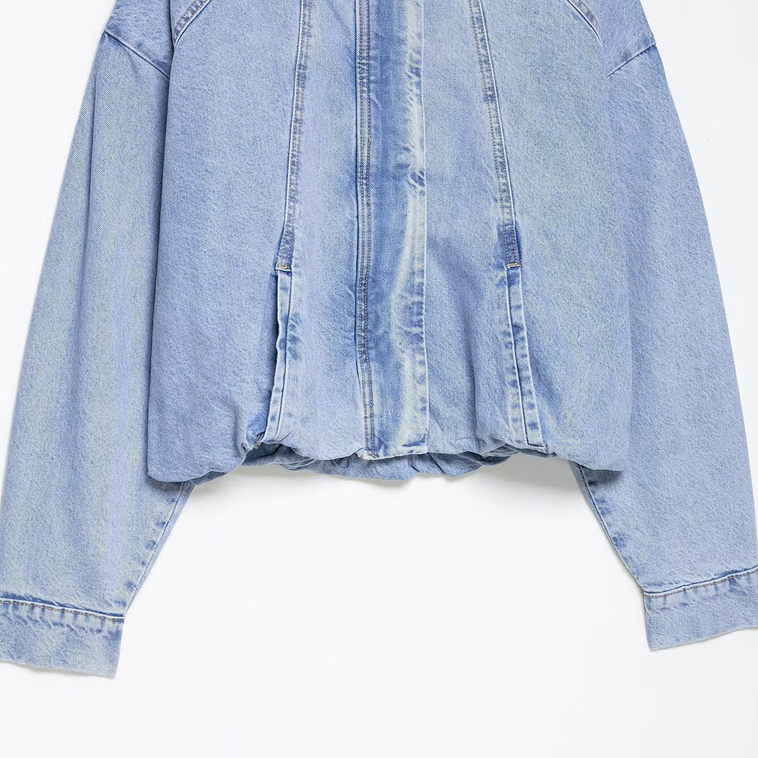 Damen Oversize Denim-Blouson mit hohem Stehkragen und elastischem Saum Drune