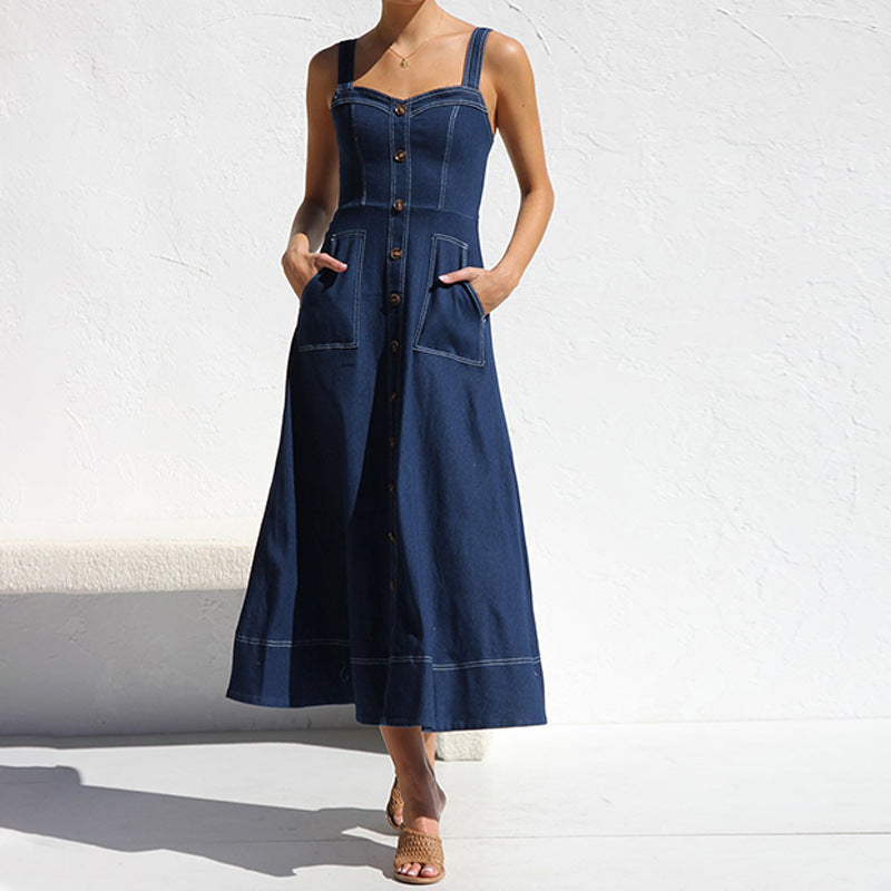 Damen Langes Denim-Kleid mit Knopfleiste und Taschen Drune