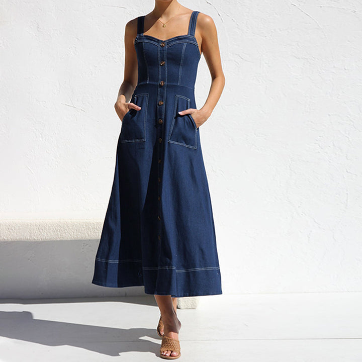 Damen Langes Denim-Kleid mit Knopfleiste und Taschen Drune