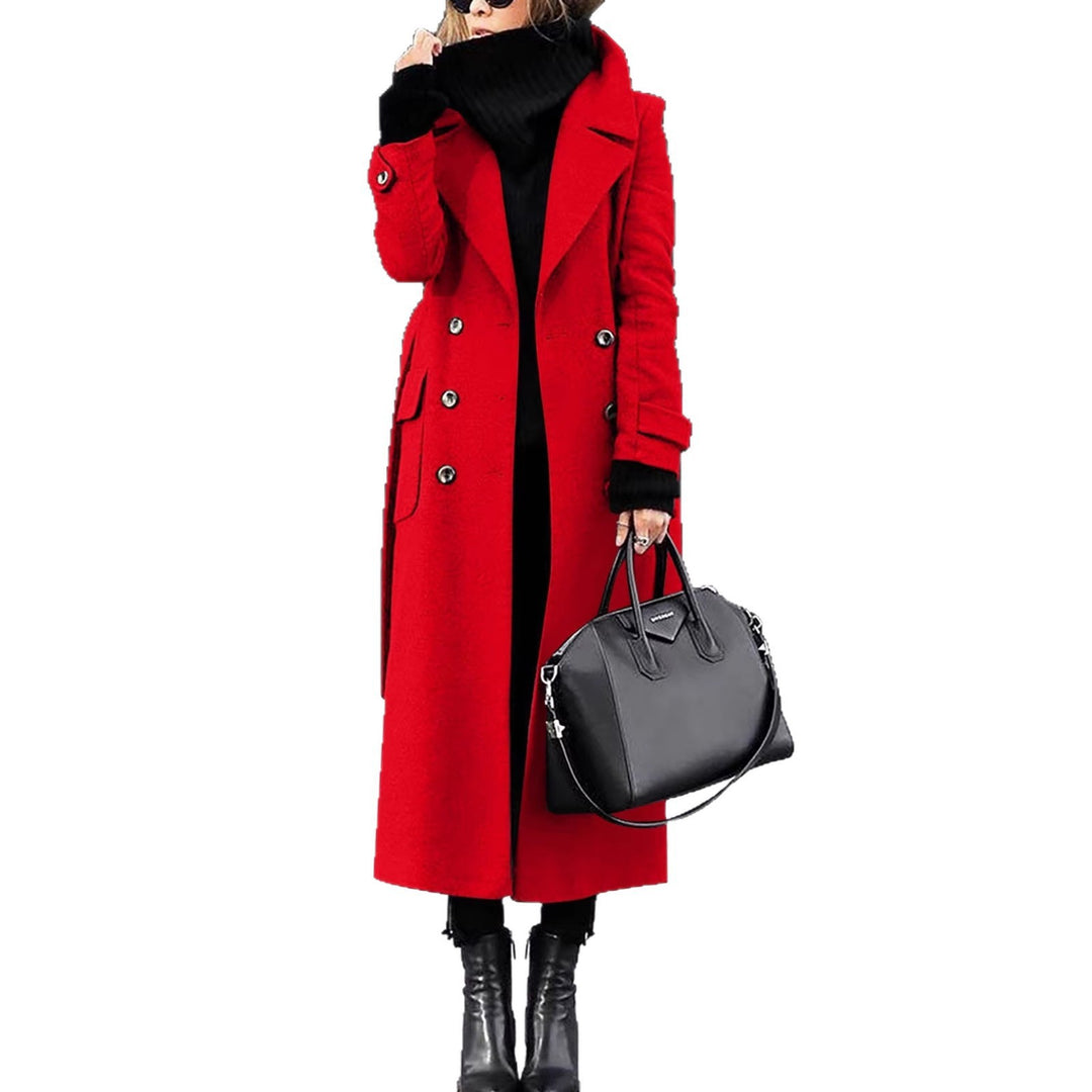 Damen Langer Doppelreihiger Wollmix-Mantel mit markantem Revers und Pattentaschen Drune