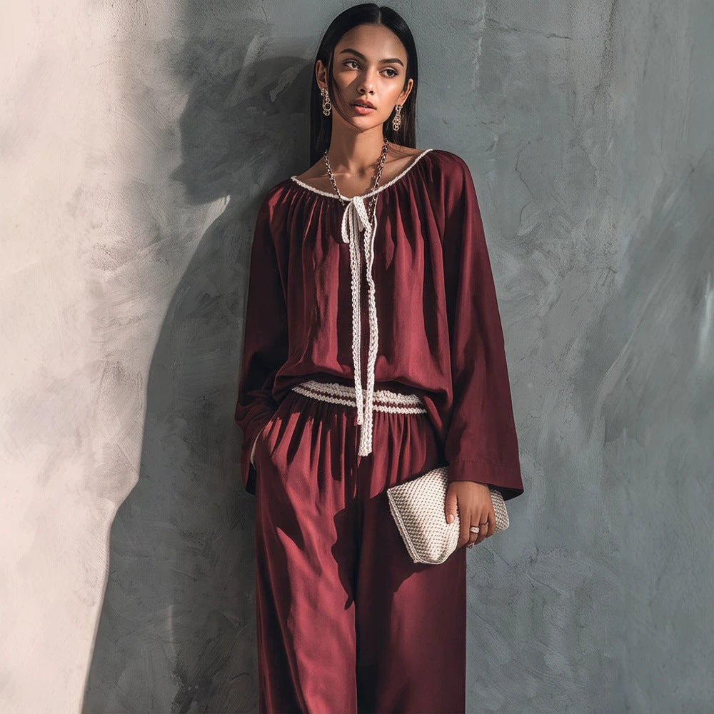 Damen Fließendes zweiteiliges Loungewear-Set aus Seidenoptik mit weiter Palazzohose und geraffter Tunika Drune