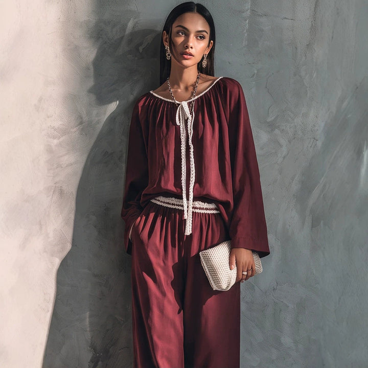 Damen Fließendes zweiteiliges Loungewear-Set aus Seidenoptik mit weiter Palazzohose und geraffter Tunika Drune