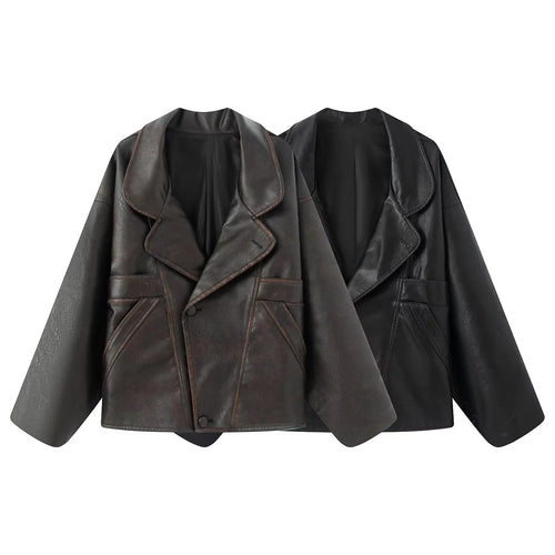 Damen nan kastiger Lederimitat-Blouson mit überlappendem Schalkragen und diagonal eingesetzten Taschen Drune