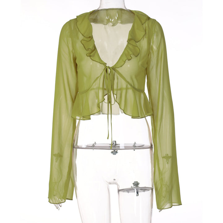 Damen Transparente Bluse mit Rüschen und Bindedetail Drune