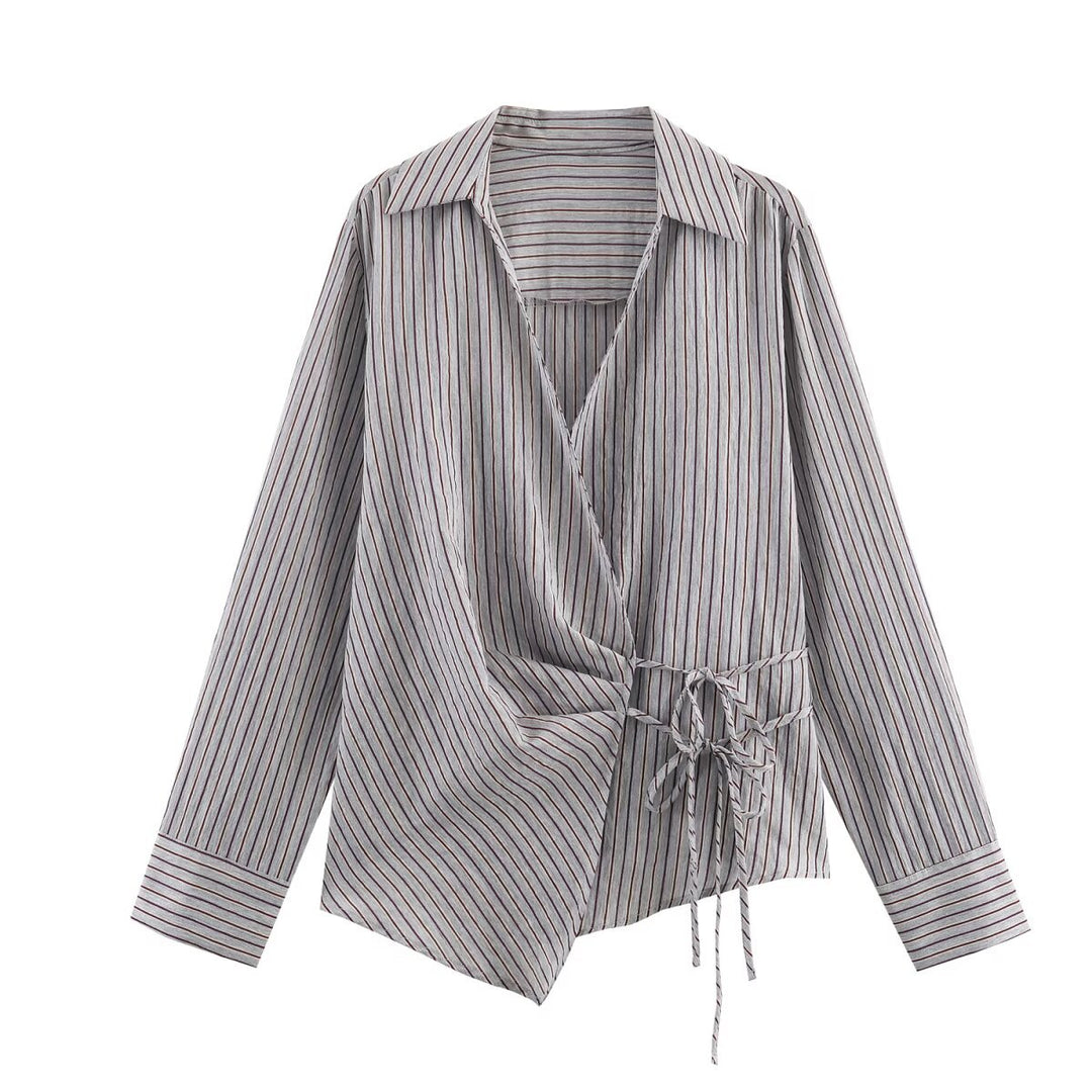 Damen 10+ asymmetrische Wickelbluse mit Tunnelzug, Hemdkragen und langen Ärmeln Drune