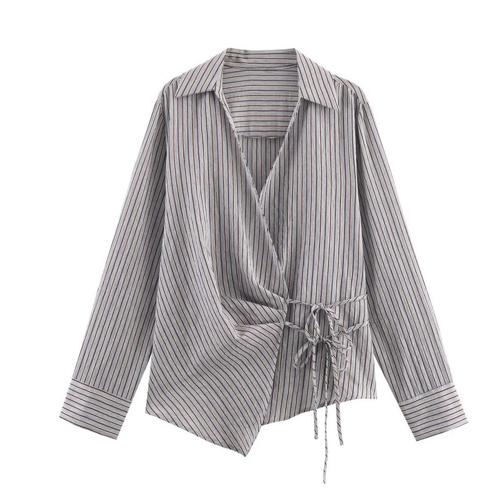 Damen 10+ asymmetrische Wickelbluse mit Tunnelzug, Hemdkragen und langen Ärmeln Drune