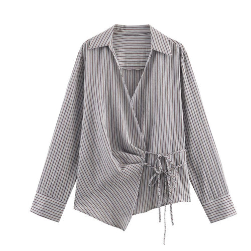 Damen 10+ asymmetrische Wickelbluse mit Tunnelzug, Hemdkragen und langen Ärmeln Drune