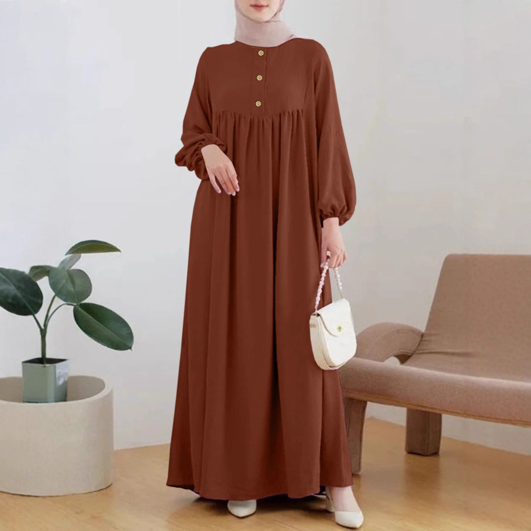 Damen luftiges Maxikleid mit bequemer Knopfleiste und eleganten Puffärmeln Drune
