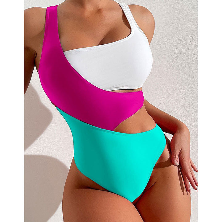 Damen Einteiler Badeanzug mit asymmetrischem Design und bunten Kontrastflächen Drune