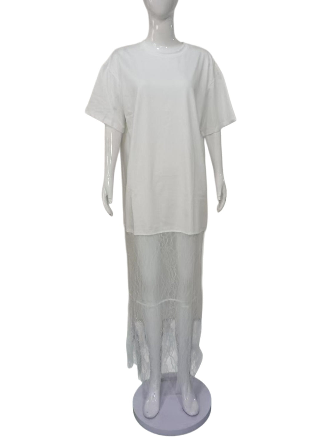 Damen Langes Lagenkleid mit Oversize-T-Shirt-Top und transparentem Spitzenunterrock Drune
