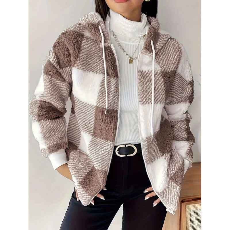 Damen Kuschelige Teddyjacke im Karomuster mit praktischen Taschen Drune