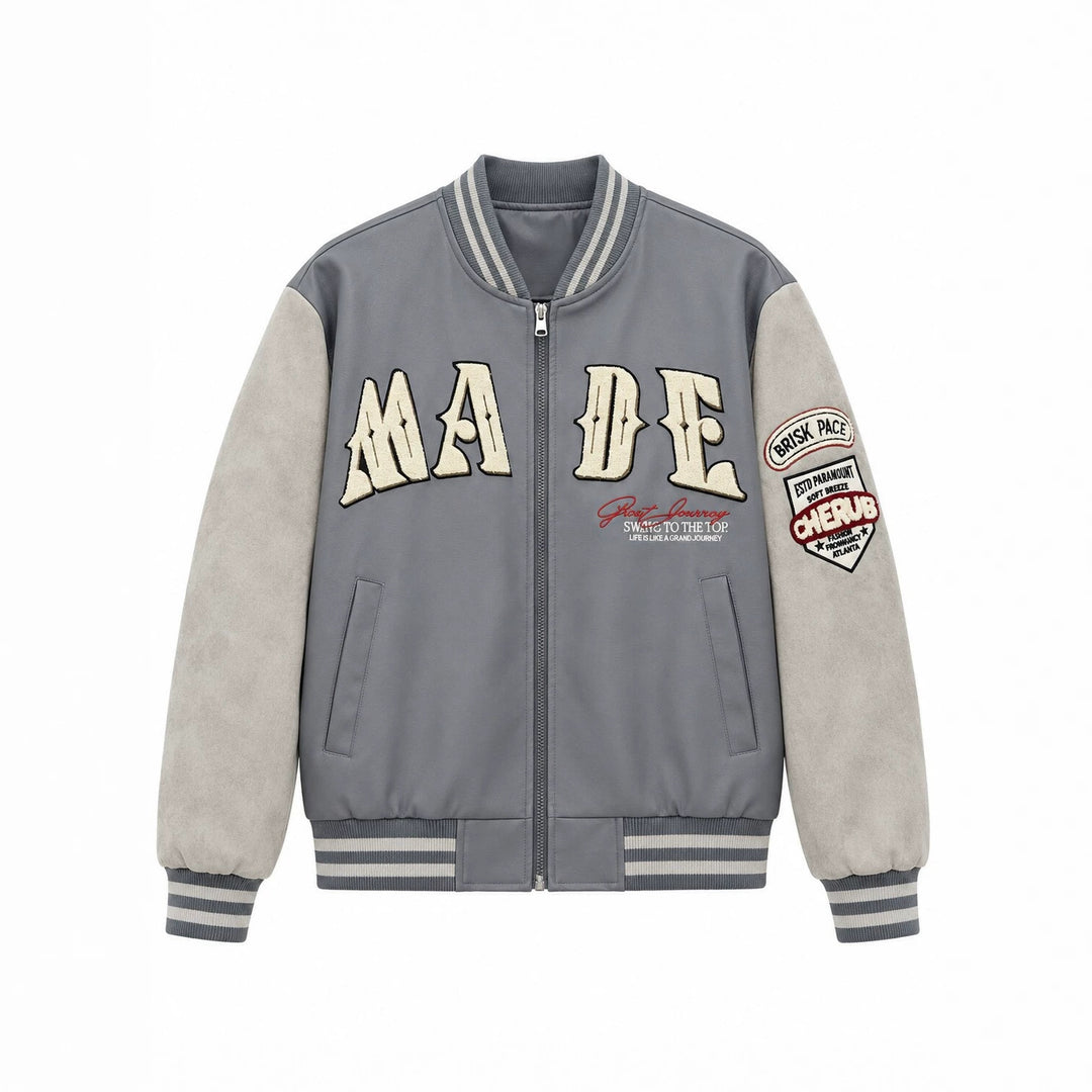 Herren Collegejacke im Letterman‑Style mit Kunstlederkörper und Veloursärmeln Drune