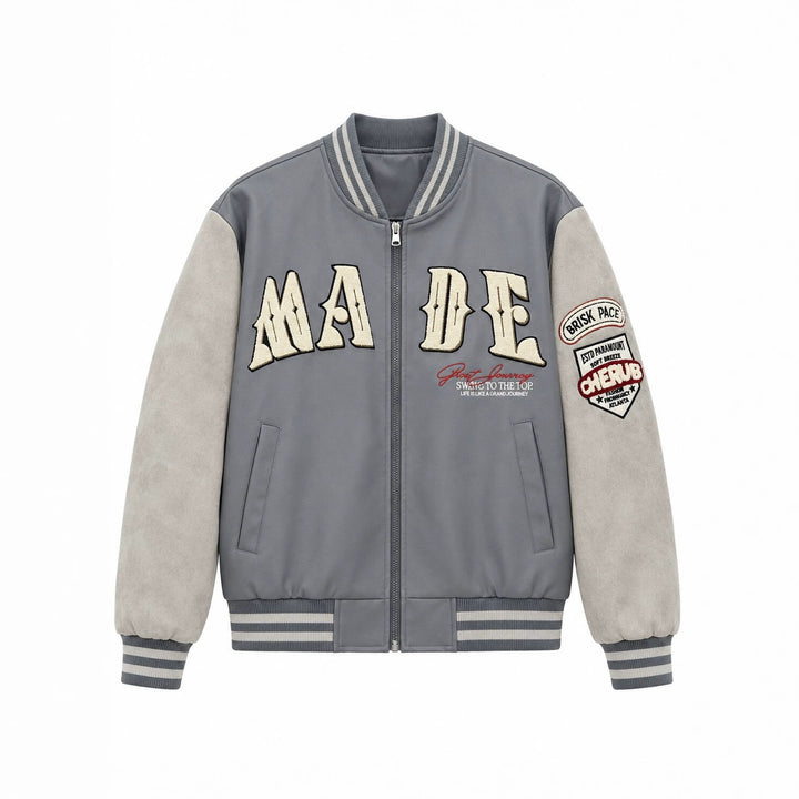 Herren Collegejacke im Letterman‑Style mit Kunstlederkörper und Veloursärmeln Drune