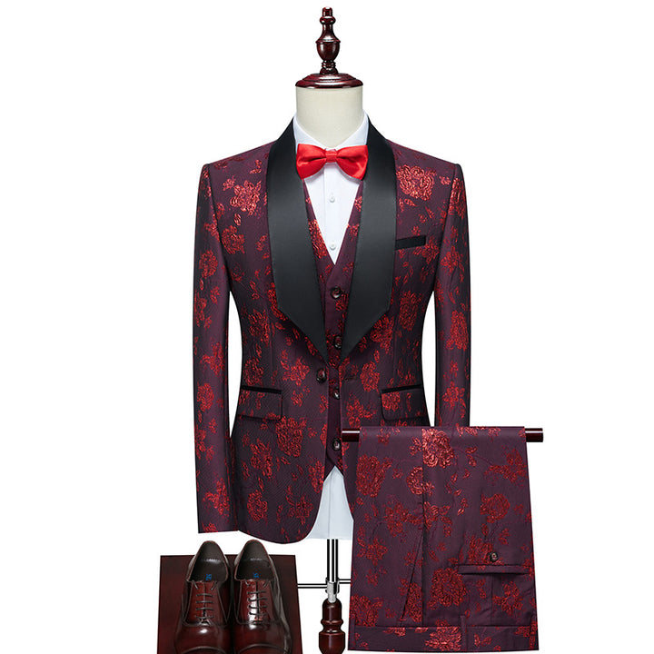 Herren Luxuriöses dreiteiliges Smoking-Set mit Schalrevers und Blumen-Jacquard Drune