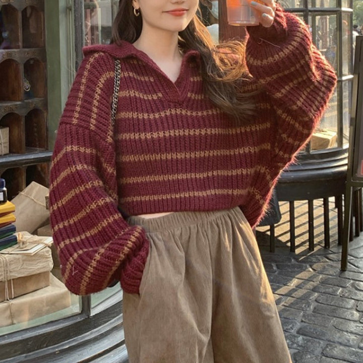 Damen Strickpullover mit lässigem Kragen und attraktiven Streifen Drune