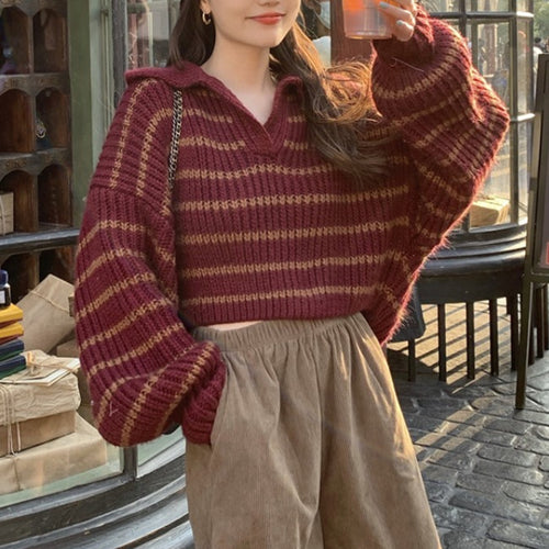 Damen Strickpullover mit lässigem Kragen und attraktiven Streifen Drune