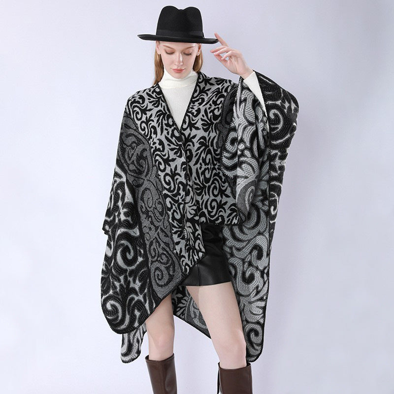 Damen Oversize-Kimono-Poncho im Jacquardstrick mit ornamentalem Muster und V-Ausschnitt Drune