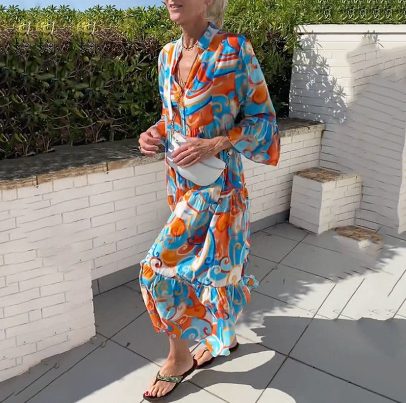 Damen nan luftiges Maxikleid mit Aquarellprint, V‑Ausschnitt, halber Knopfleiste und Stufenrock Drune