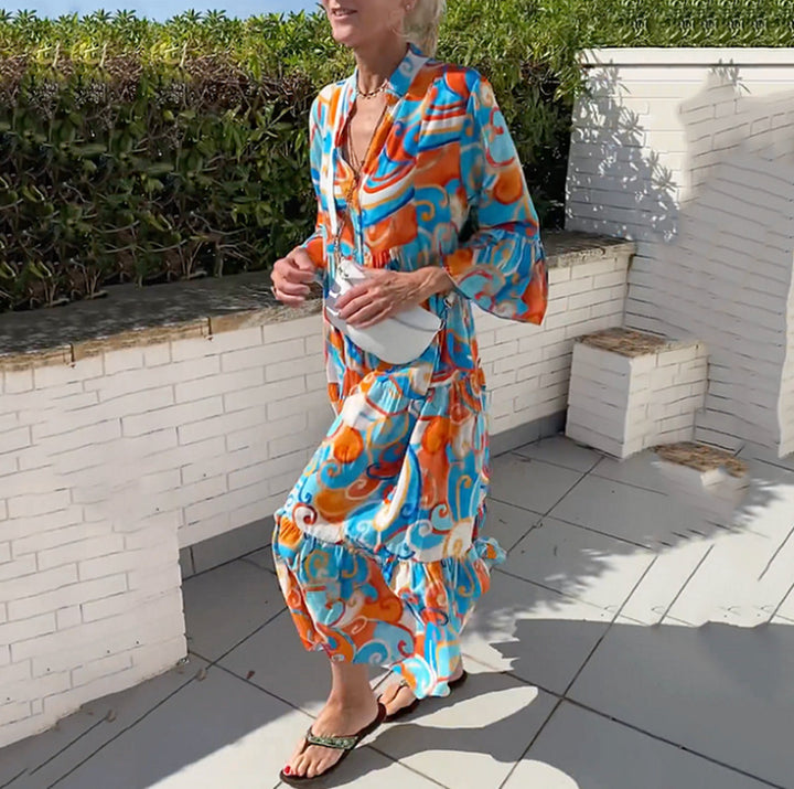 Damen nan luftiges Maxikleid mit Aquarellprint, V‑Ausschnitt, halber Knopfleiste und Stufenrock Drune