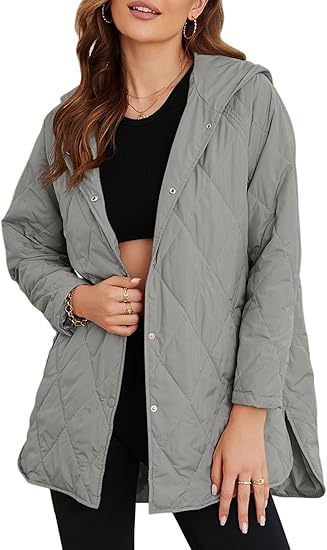 Damen gesteppte Kapuzenjacke mit Druckknopfleiste, seitlichen Schlitzen und mittlerer Länge Drune